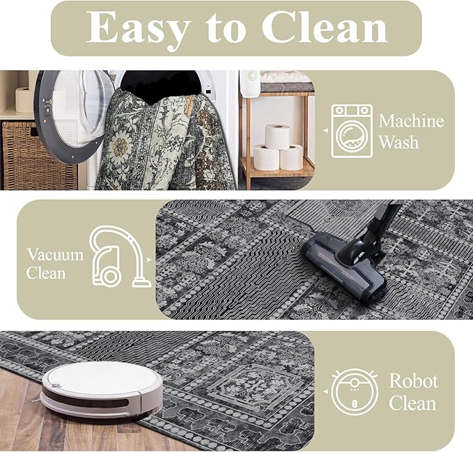 4x6 Washable Area Rug for Living Room, Carpet for Bedroom, Soft Faux Wool Retro Dining Room Rug, Non Slip&Non-Shedding Resistant Low Pile Vintage Print Rug for Home Office (Grey)-CubbioJoy