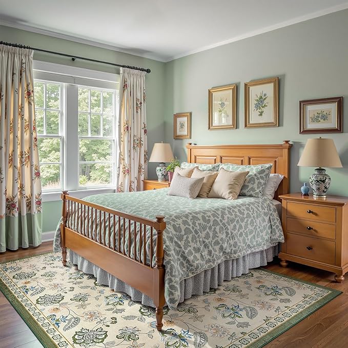 jinchan 8x10 Floral Rug for Living Room Washable Bedroom Rug Vintage Romance Design Non Slip Thin Indoor Floor Cover Large Low-Profile Throw Carpet for Dining Room Office, Green/Beige-CubbioJoy