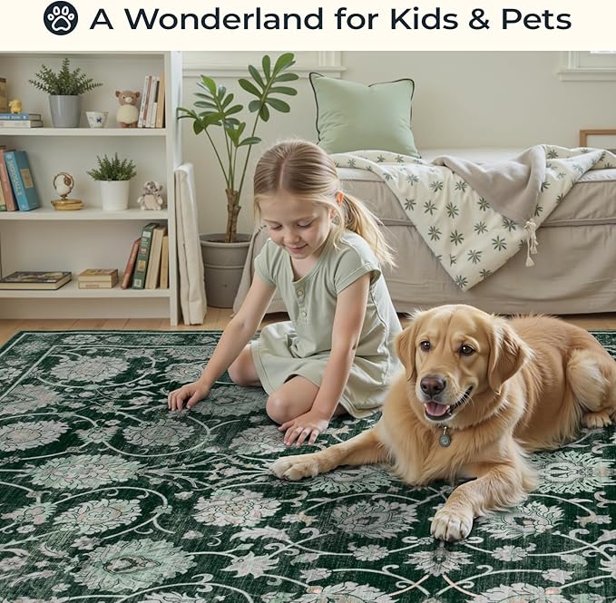 6x9 Area Rug for Living Room & Bedroom, Washable Non-Slip Floral Rugs, Soft Vintage Carpet, Low Pile Wool Carpets for Indoor Dining Home Office Playroom Under Table, Modern Decor, Dark Green-CubbioJoy