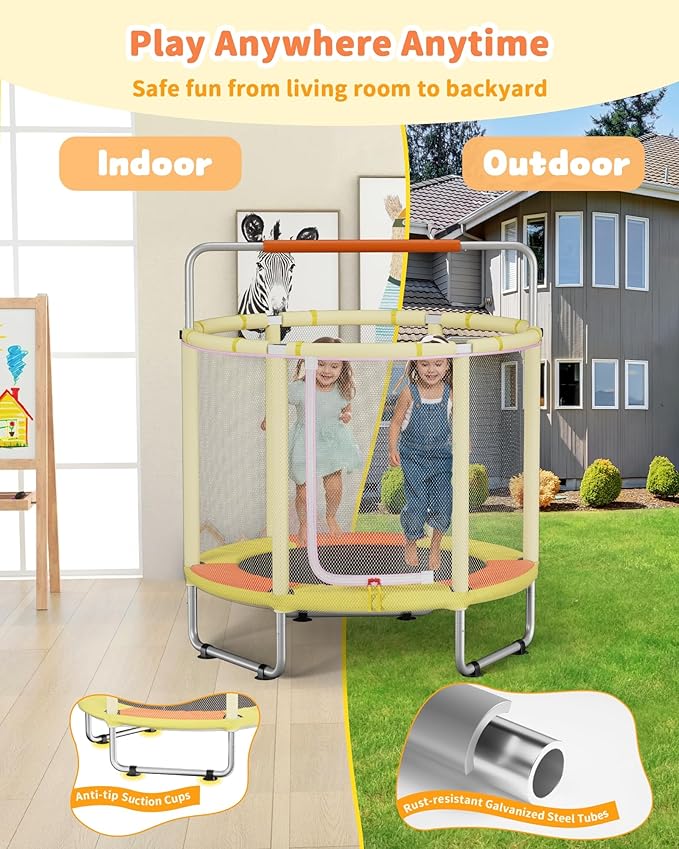 55” Trampoline for Kids, Powder-Coated Mini Trampoline for Toddlers, Indoor Outdoor Toys with Adjustable Gymnastics Bar, Swing, Basketball Hoop, Birthday Gifts for Boys & Girls Ages 1-8-CubbioJoy