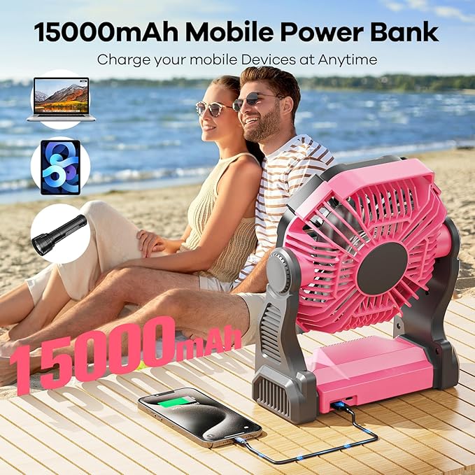 15000mAh Portable Battery Powered Camping Fan - with LED Light, Quiet Battery Operated, Camping Gear for Travel, Tent, Beach, Car or Hurricane Power Outages, Pink-CubbioJoy