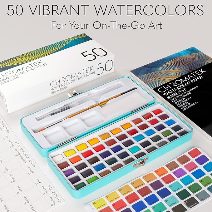 CHROMATEK Watercolor Paint Set – 50 Vivid Colors Including Transparent, Opaque & Pastel – Art Kit with Brush, Water Pen, Palette, Color Chart, Swatch Sheets, Pad & Metal Travel Case-CubbioJoy