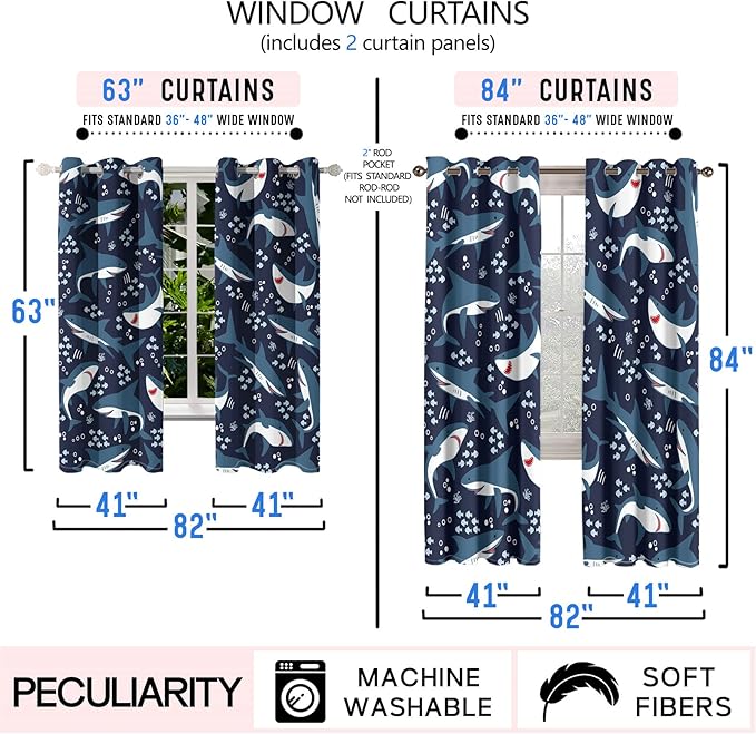 Cartoon Shark Blackout Curtain Panels Curtains Blue Curtains for Boys Bedroom Grommet Top Window Treatment 2 Panels Drapes Kids Room Decor Navy Blue Curtains 84 Inch Length, 82''x84''-CubbioJoy