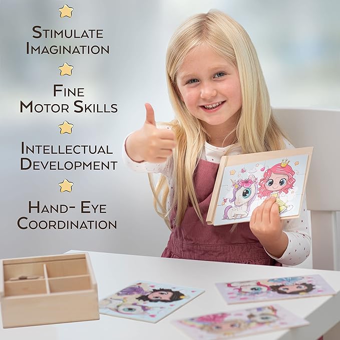 4-in-1 Princess Jigsaw Puzzles for Kids, Wood Puzzles for Kids Ages 3-5 48 Piece Wooden Puzzles for Toddlers 3-5, Wooden Puzzles for Toddlers, Essential Skills Gift for Girls Princesses-CubbioJoy