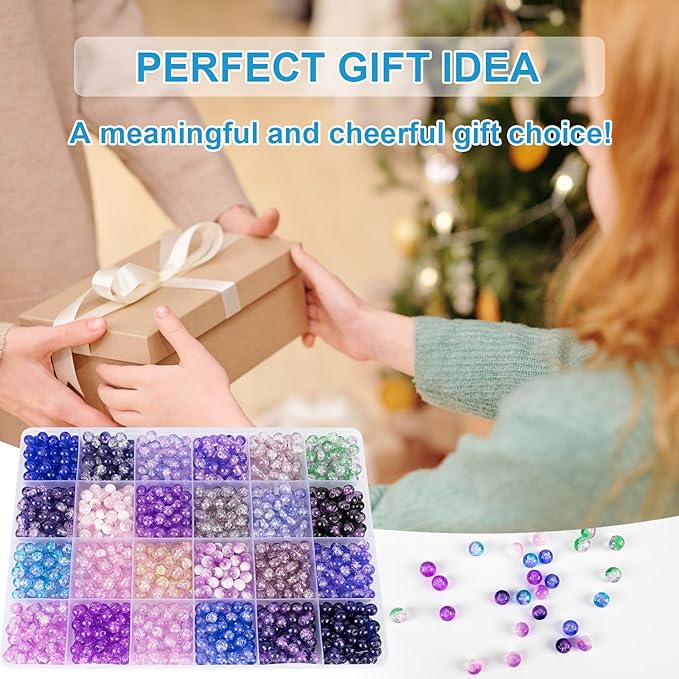 About 1200PCS 6mm Crack Glass Beads,24 Assorted Crack Violet Purple Series Colorful Crystal Beads for Bracelet and Jewelry Making and DIY Crafts,Friendship Bracelets-CubbioJoy