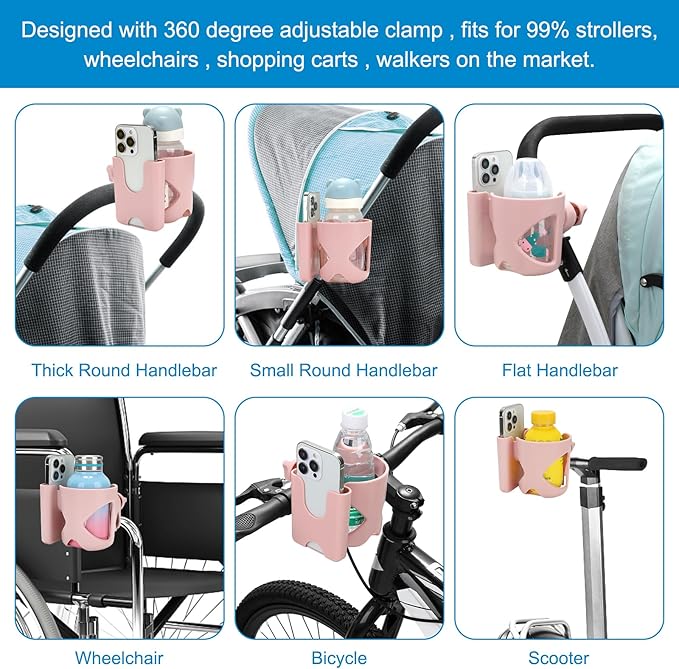 Accmor Universal Cup Holder, Stroller Cup Holder with Phone Holder, 360° Rotatable Large Caliber Designed Bottle Holder for Stroller, Bike, Wheelchair, Walker, Scooter-CubbioJoy