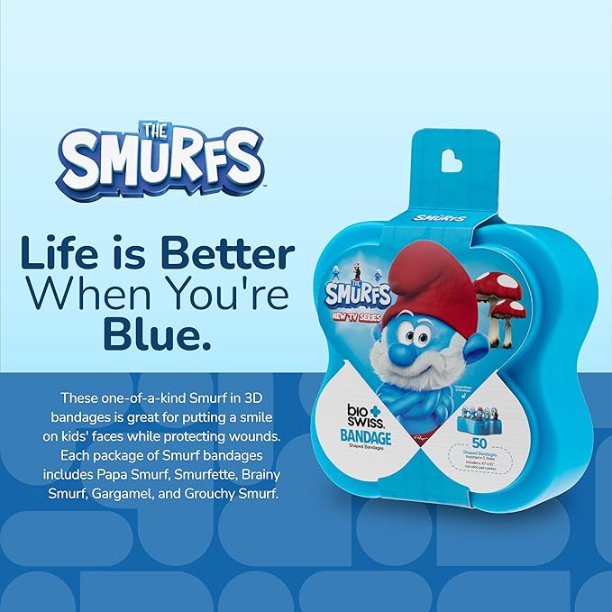 BioSwiss Bandages, The Smurfs in 3D Shaped Self Adhesive Bandage, Latex Free Sterile Wound Care, Fun First Aid Kit Supplies for Kids and Adults, 50 Count Plastic Case-CubbioJoy