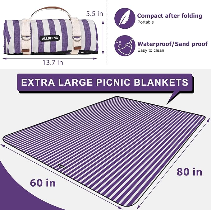 60”x 80” Picnic Blanket Waterproof and Foldable Beach Blanket, 5-Layer Outdoor Mat with Carry Strap for 6 to 8 Adults, for Camping, Park, Beach, Grass, Indoors…-CubbioJoy