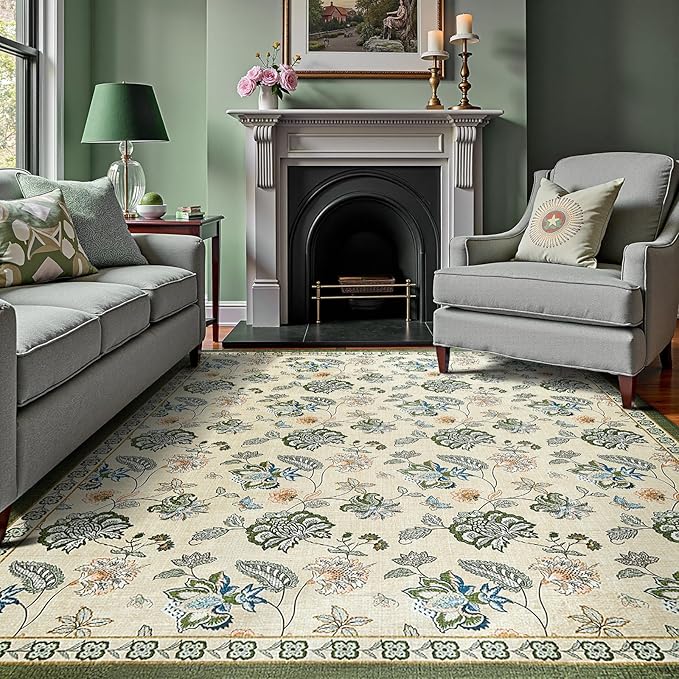 jinchan 8x10 Floral Rug for Living Room Washable Bedroom Rug Vintage Romance Design Non Slip Thin Indoor Floor Cover Large Low-Profile Throw Carpet for Dining Room Office, Green/Beige-CubbioJoy