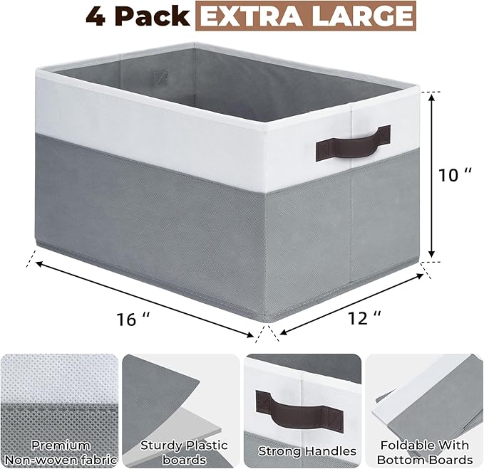 Criusia Extra Large Storage Bins 4 Pack - 16x12in Closet Organizers and Storage Baskets for Organizing Clothes Toy Blanket - Fabric Storage Cubes Containers for Shelves - All Room Organization-CubbioJoy