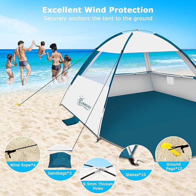 COMMOUDS Beach Tent Sun Shade for 3/4-5/6-7/8-10 Person, UPF 50+ Beach Sun Shelter Canopy Tent, Lightweight, Easy Set Up and Carry-CubbioJoy