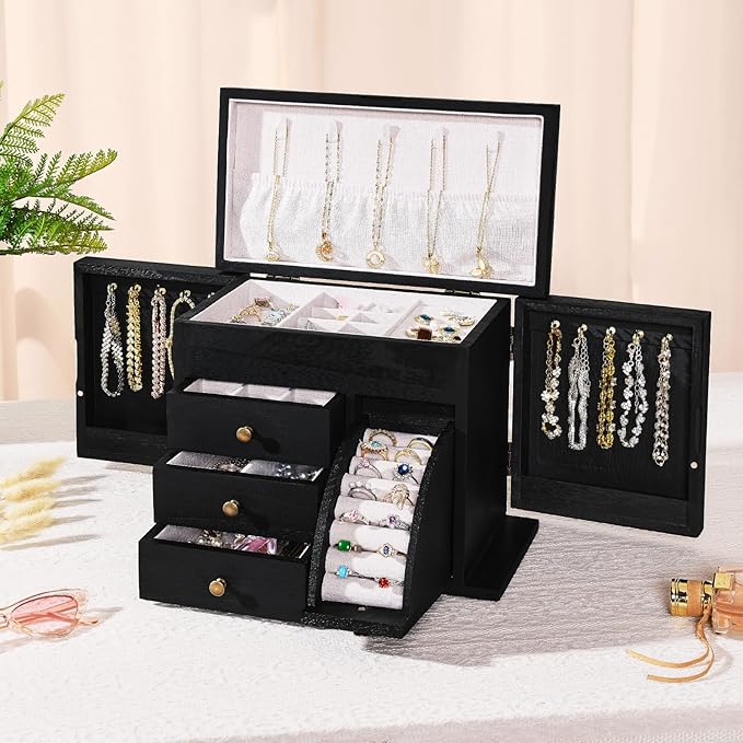 Jewelry Box Organizer, Solid Wood Jewelry Boxes for Women, Double Layer Jewelry Organizer Box Display Earring Necklace Bracelet Ring, Rustic Style Small Jewelry Box for Girls (Black)-CubbioJoy