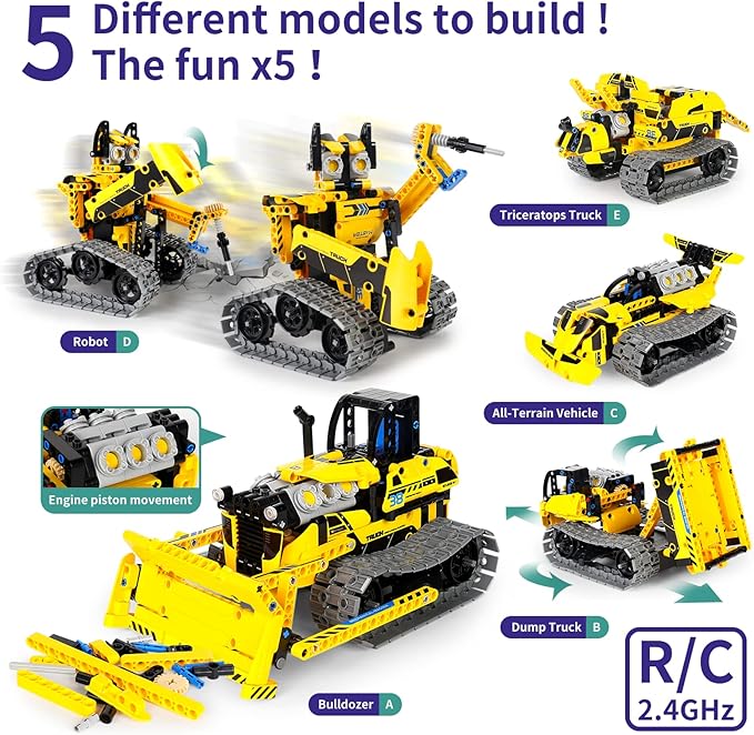 5 in 1 STEM Robot Toy Building Kit, 452 PCS Blocks App & Remote Control Engineering Toys Robotics for Kids Ages 8-12, RC Bulldozer Erector Sets for Boys Girls 6 7 9 10 11 13 14+ Birthday Gifts-CubbioJoy