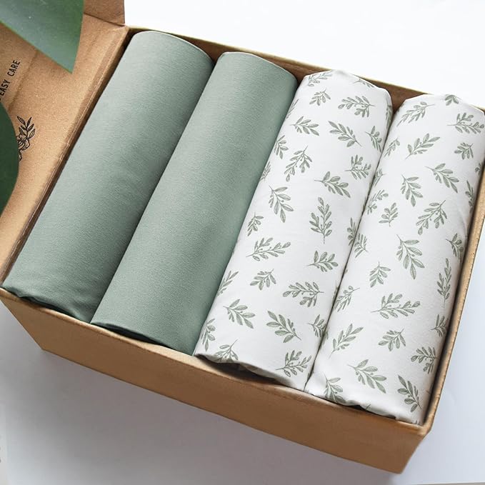 Crib Sheets 4 Pack for Baby Boys & Girls, Neutral Crib Sheet Fitted 52'' x 28'' for Standard Crib & Toddler Mattress, Ultra Soft Material Baby Sheet, Aqua Leaf-CubbioJoy