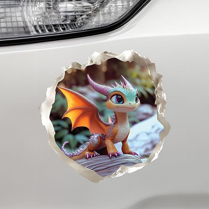 Baby Dragon 3D Wall Decal – Cute Fantasy Sticker with Torn Wall Effect – 4.7W x 4.5H inches-CubbioJoy