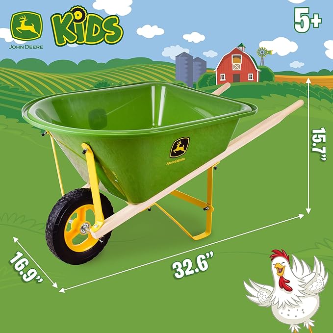 John Deere Deluxe 34" Wheelbarrow and Garden Set Includes 5 Realistic Gardening Tools,Gardening Apron, Gardening Gloves, Large Metal Wheelbarrow with Wooden Handles, Outdoor Toy Ages 5+-CubbioJoy
