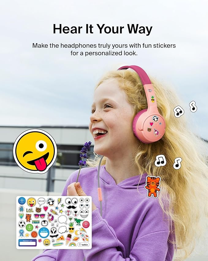 Belkin SoundForm Mini Kids Wired Headphones w/USB C to 3.5mm Dongle, Built-in Mic & Fun Stickers, 85dB Max Volume – for Online Learning, Travel, Compatible w/iPhone 16, iPad, Galaxy S25, etc - Pink-CubbioJoy