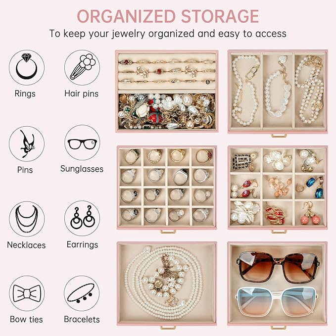 AKOZLIN 6-Tier Jewelry Box Organizer Functional 5 Drawers Leather Jewelry Storage Case for Women Girls Ring Necklace Earring Bracelet Holder Organizer with Mirror Pink-CubbioJoy