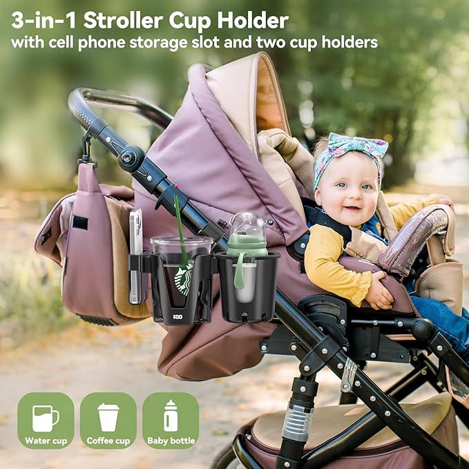 KDD Stroller Cup Holder with Phone Holder, 3-in-1 Removable Bottle Holder, 360 Degrees Rotation Drink Holder for Wheelchair, Stroller, Bike, Walker, Scooter, Bicycle, Uppababy, Bugaboo, Britax-CubbioJoy