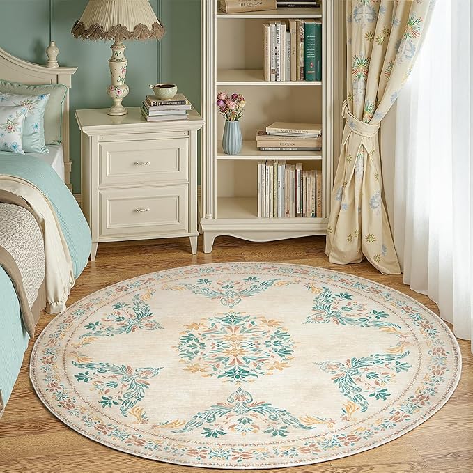 jinchan Round Rug 5ft Area Rugs Vintage Floral Distressed Design,Machine Washable Soft Non-Slip Low-Pile Ultra-Thin Circle Rug for Entryway Living Room Dining Room Bedroom (5' Round,Apricot Multi)-CubbioJoy