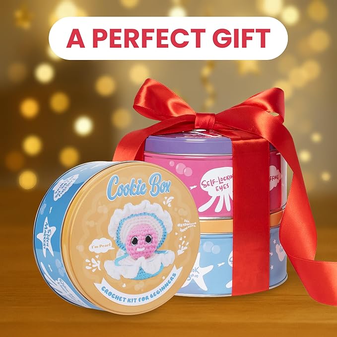 Cookie Box Crochet Kit for Beginners - Learn to Craft Amigurumi Stuffed Animals - Knitting Gift for Kids and Adults - Beginner-Friendly Yarn - Stitch-by-Stitch Video Tutorial - Oyster Pearl-CubbioJoy