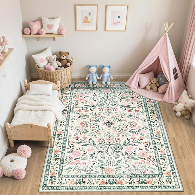 6x9 Area Rugs for Living Room: Floral Washable Rug Vintage Large Soft Boho Non-Slip Carpet Indoor Stain Resistant Thin Carpets for Bedroom Dining Room Farmhouse Nursery Hallway Home Office Green Beige-CubbioJoy