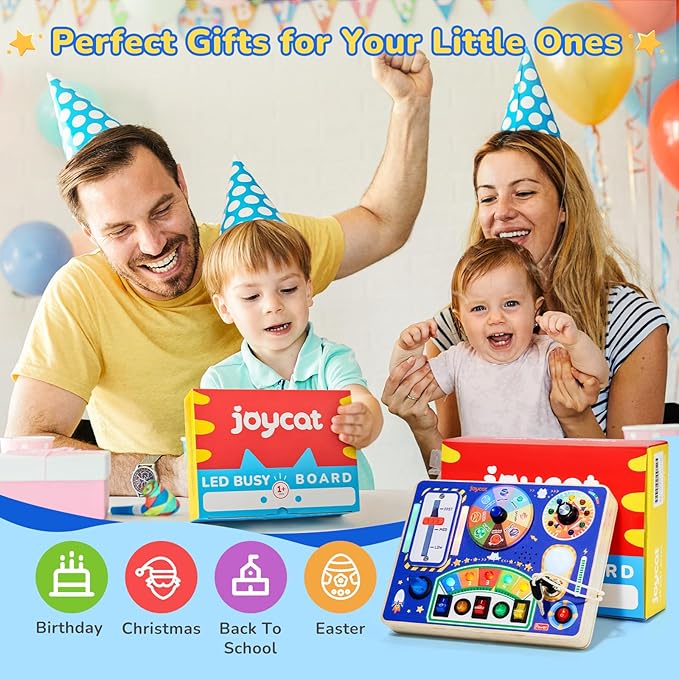 JoyCat Busy Board with Led Light, Toddler Toys for 1 2 3 4 Year Old Boys and Girls, Wooden Sensory Toys with Music, Travel Toy for Toddlers 1-3, Birthday Presents (Blue)-CubbioJoy