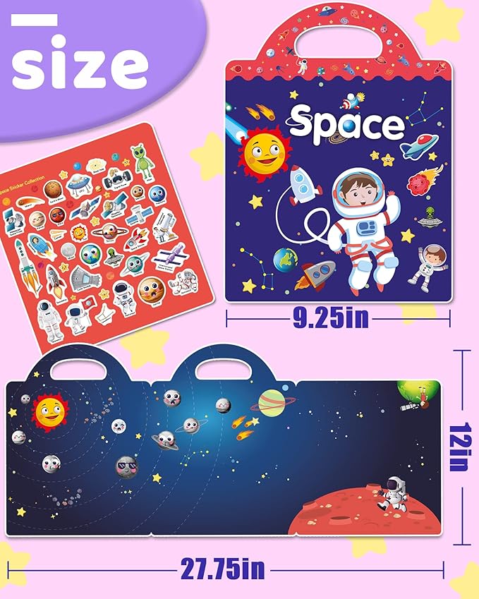 Benresive Reusable Sticker Book for Toddlers 2-4 Years, Fun Travel Stickers for Kids, Waterproof Sticker Books for Toddlers 1-3, Crafts Activities for Todddlers 1-3 2-4 3-5 - Space-CubbioJoy