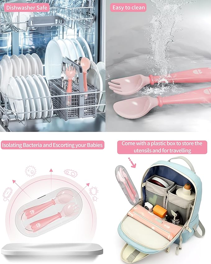 Deejoy Toddler Utensils with Travel Case, Baby Spoons and Forks Set for Self Feeding, Silicone Bendable Handle, Easy Grip Heat-Resistant, Self-feeding Flatware Sets for Kids (Stage 2) Pink-CubbioJoy