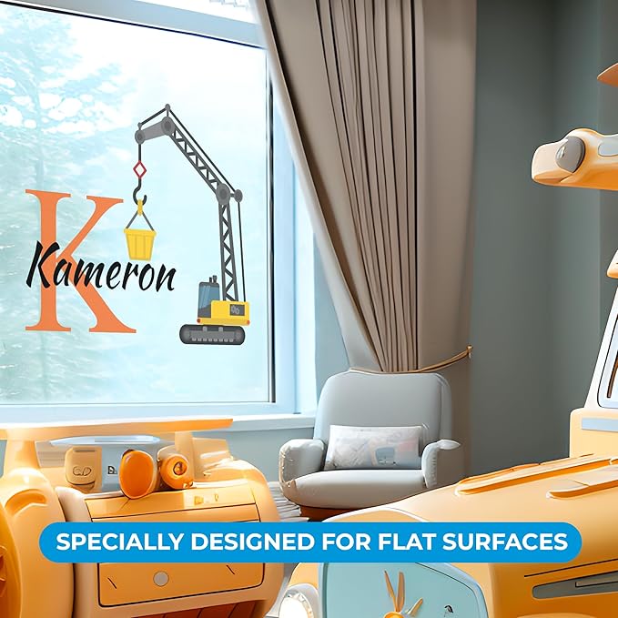 CRYPTONITE Custom Toddler Construction Crane Wall Decal I Personalized Name & Initial I Nursery Decor I Polyvinyl Chloride Sticker - Made in USA (Medium, Multicolor Options)-CubbioJoy