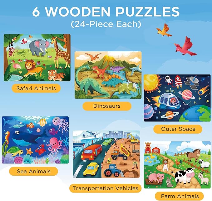 BenBen Puzzles for Kids Ages 4-6, 6 Pack 24 Piece Wooden Jigsaw Puzzles for Toddlers Ages 3-5, Preschool Learning Educational Toys for Boys Girls-CubbioJoy