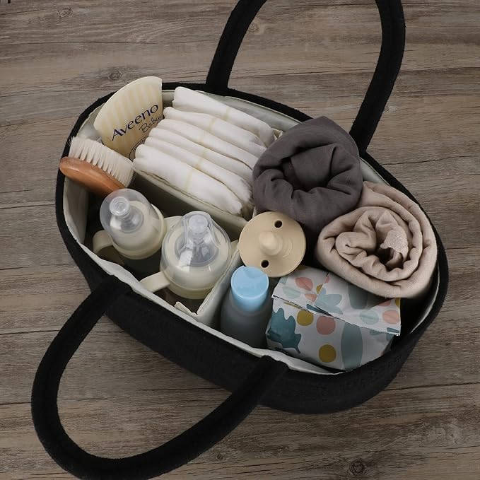 Baby Diaper Caddy Organizer for Girl Boy Cotton Rope Nursery Storage Bin Basket Portable Holder Tote Bag for Changing Table Car Travel Baby Shower Gifts Newborn Essentials Registry Must Haves Black-CubbioJoy