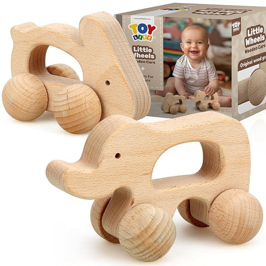 TOY Life Wooden Toys Cars, Montessori Toys for Babies 0-6-12 Months, Babies Bunny Rattle Cars for Toddlers 1-3, Wooden Baby Toys Gift 1 Year Old, Baby Boy Nursery Decor, Elephant & Rabbit Toy Car-CubbioJoy