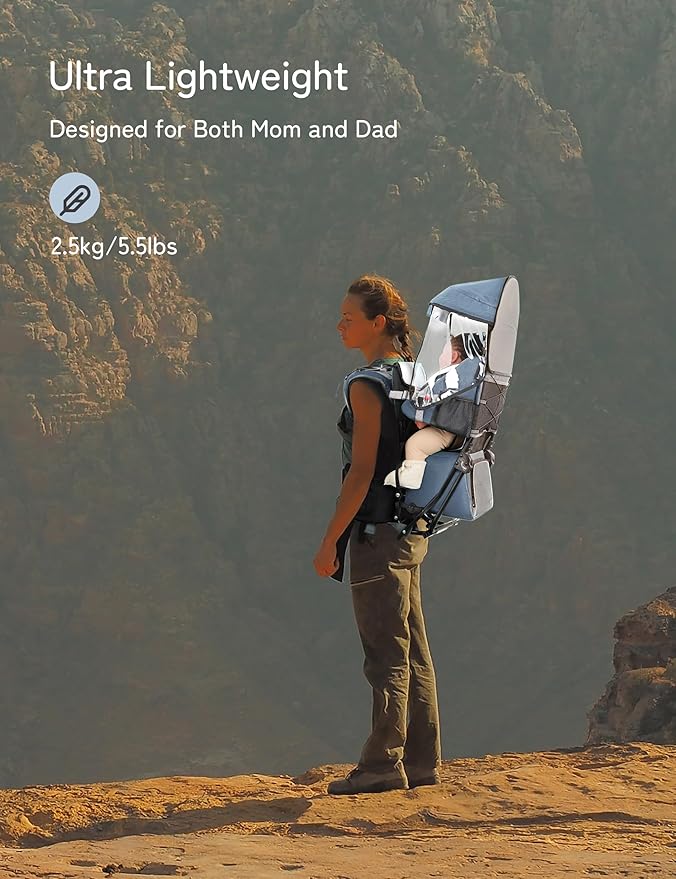 besrey Baby Backpack Carrier, Toddler Hiking Backpack with Safety 3-Height Seat, Adjustable Straps&Waist Belt, Foldable Frame Lightweight Large Capacity Child Carrier for Hiking (Haze Blue)-CubbioJoy