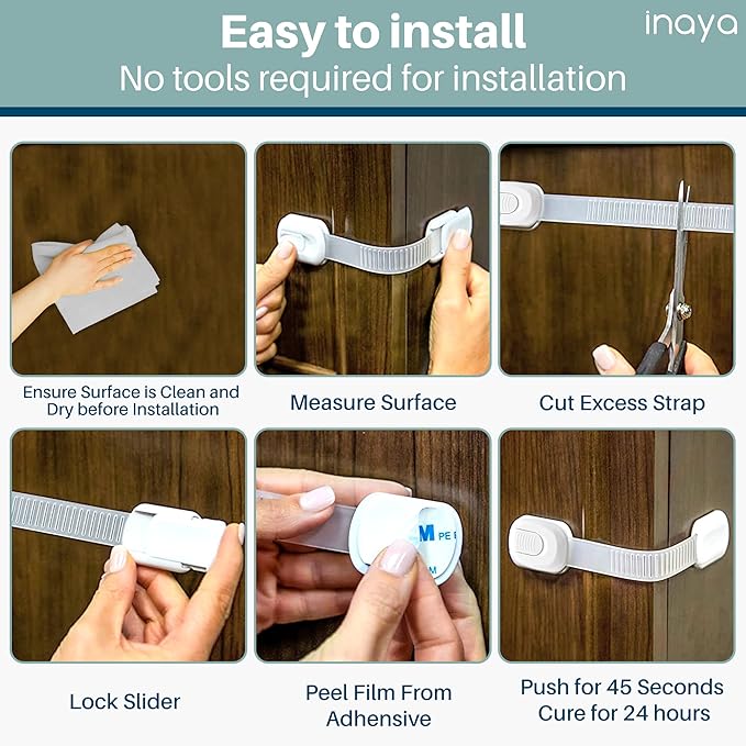 5-Pack Child Proof Cabinet Latches for Drawers, Cupboards, Fridge Toilet Seat, Dishwashers, Trash Can, Up to 37lb Pull Force - Adjustable Length, 3M Adhesive, No Drilling Child Safety Locks, White-CubbioJoy