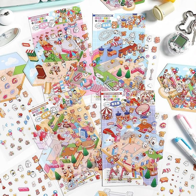 DIY 3D House Stickers, Cute 3D Cartoon Scene for Adult Kids Relief Stress Pass The Time,Cute Make Your Own House Stickers for Gifts Paint by Sticker.(4 Set)-CubbioJoy