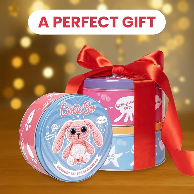 Cookie Box Crochet Kit for Beginners - Learn to Craft Amigurumi Stuffed Animals - Knitting Gift for Kids and Adults - Beginner-Friendly Yarn - Stitch-by-Stitch Video Tutorial - Bunny Lola-CubbioJoy