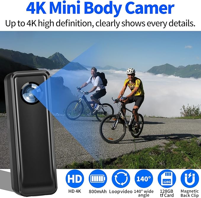 Body Camera 128GB, 4K 30FPS Action Camcorder, Hands Free Sports Camera with Magnetic Back Clip, Mini Body Cam POV Records with Audio and Video Recording for Traveling Cycling Vlogging-CubbioJoy
