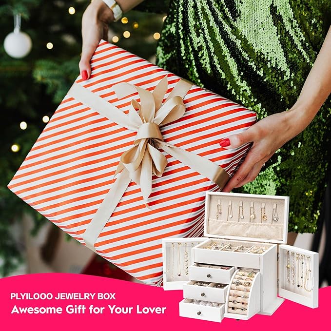 Jewelry Box Organizer, Solid Wood Jewelry Boxes for Women for Storage & Display Necklace Ring Earring Bracelet, Rustic Style Jewelry Organizer Box for Women Gifts (Weathered White)-CubbioJoy