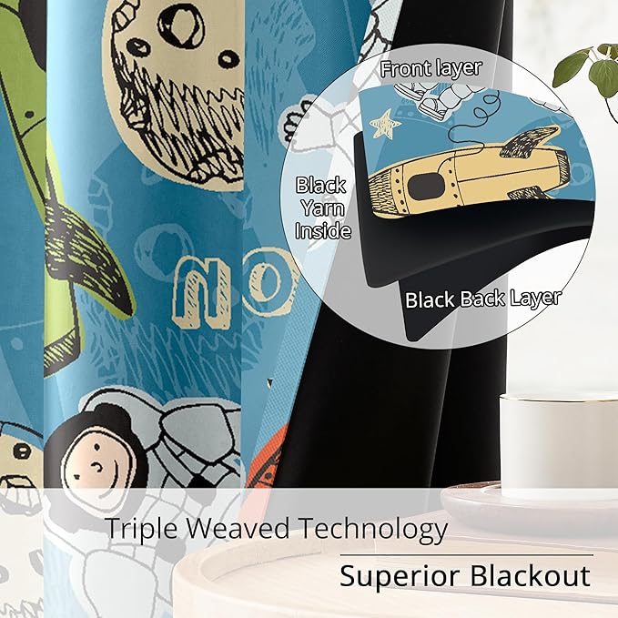 Kids Astronaut and Rocket Blackout Curtains - 100% Blackout, Thermal Insulated, Noise Reducing, Bring The Cosmos Closer to Your Kid’s Room, 2 Panels (Moonbound Adventure, W52×L84)-CubbioJoy