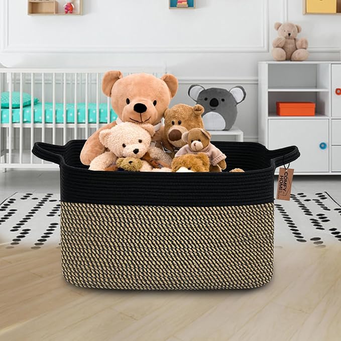 COMFY-HOMI Large Rectangular Blanket, Cotton Rope Woven for Storage, LaundryHamper, Storage,Toy Organizing Bin with Handle, Organizer and Storage-22x15x12-Black/Jute-CubbioJoy