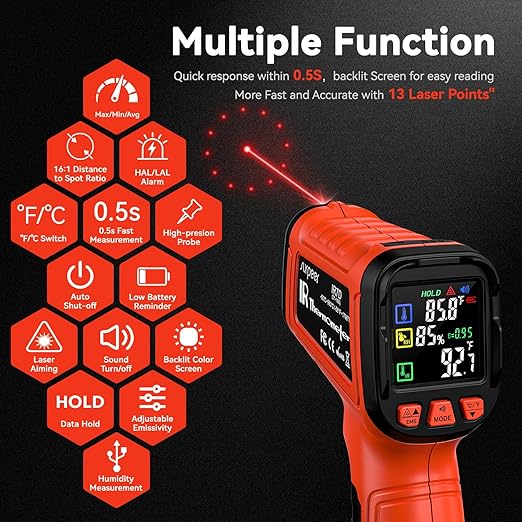 Infrared Thermometer Temperature Gun -58°F to 1796°, 16:1 Non Contact Laser Thermometer Gun with Thermocouple Probe for Humidity, Pizza Oven, Griddle, Ir Temp Gun for Home and Industry Repair-CubbioJoy