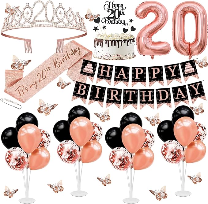 20th Birthday Decorations for Girls Women - 56pcs Rose Gold Happy 20th Banner, 20th Birthday Crown Sash, Cake Topper, Number 20 balloons, 3D Butterflies, 4 Balloon Stands kits-CubbioJoy