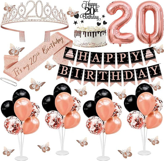 20th Birthday Decorations for Girls Women - 56pcs Rose Gold Happy 20th Banner, 20th Birthday Crown Sash, Cake Topper, Number 20 balloons, 3D Butterflies, 4 Balloon Stands kits-CubbioJoy