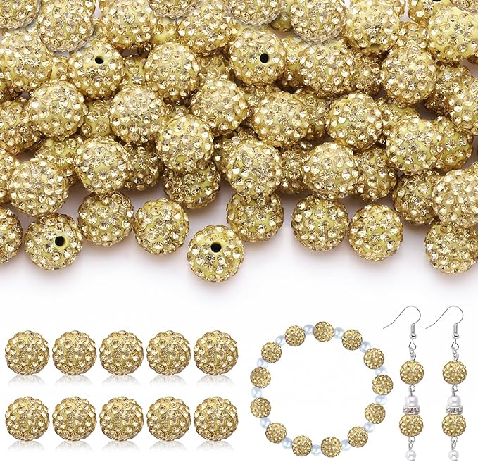 160pcs 10mm Rhinestone Beads for Jewelry Making, Light Yellow Shiny Round Disco Beads Bulk, Sparkle Crystal Clay Christmas for Bracelet Baseball Necklace Earring Crafting and DIY-CubbioJoy