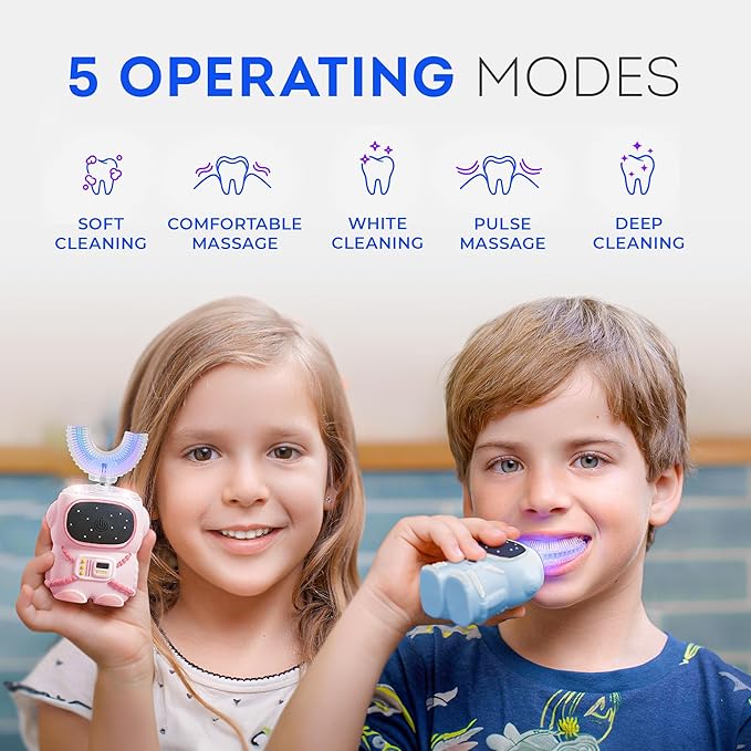 Bendi Kids U-Shaped Electric Toothbrush Ages 2-7 – 360° Mouthguard Design with Memory, 5 Brushing Modes & Multiple Heads Soft Silicone Auto Toothbrush for Toddlers & Children – Travel-Friendly (Blue)-CubbioJoy