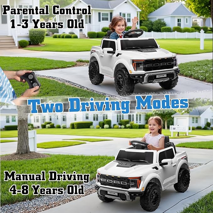 12V Ride on Car Licensed Ford F-150 Raptor, Kids Electric Car with Remote Control, LED Light/Music/MP3, Truck Bed Storage, 3-Point Seat Belt (12V, White)-CubbioJoy