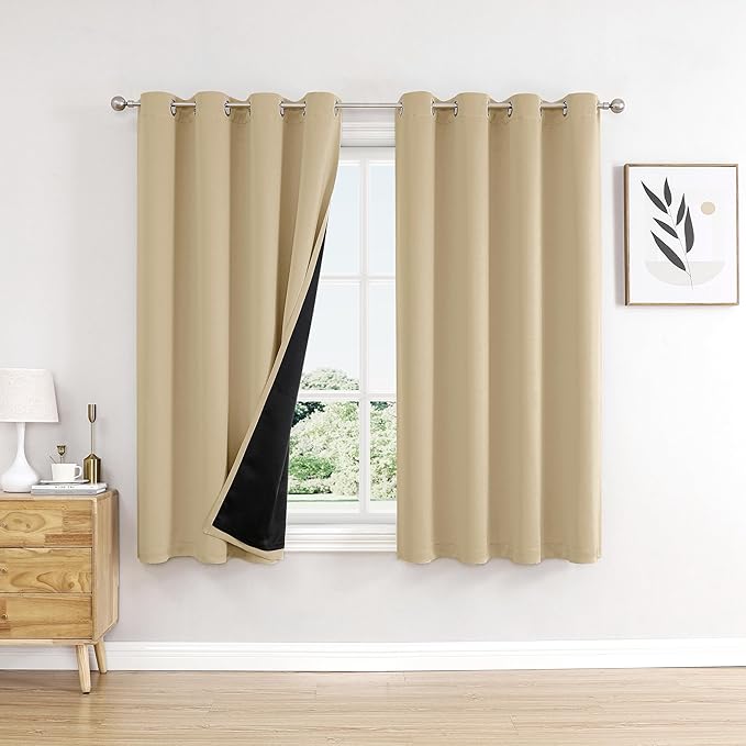 ChrisDowa 100% Blackout Curtains for Bedroom with Black Liner, 2 Thick Layers Total Blackout Thermal Insulated Grommet Window Curtains 2 Panels Set (Beige, 52 x 45 Inch)-CubbioJoy