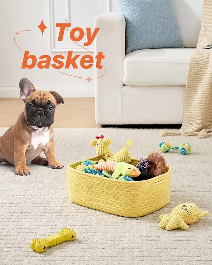 KALLAX Small Woven Basket, 13.5 x 9.5 x 5 Inches, Storage Basket for Organizing, Cute Small Rope Shelf Closet Cube Storage Bins Baskets for Shelves, Dog Toy Gift Baskets Empty, 3 Pack Yellow-CubbioJoy
