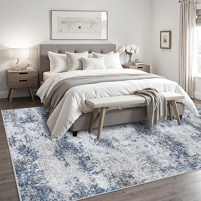 Area Rugs 8x10 Living Room Rugs: Modern Abstract Washable Rug with Non-Slip Backing, Stain Resistant Indoor Floor Large Carpet for Bedroom Dining Room Table Nursery Hallway Home Office Blue/Gray/Black-CubbioJoy